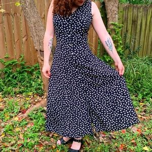 Vintage maxi dress with lace back, size MED/LG.